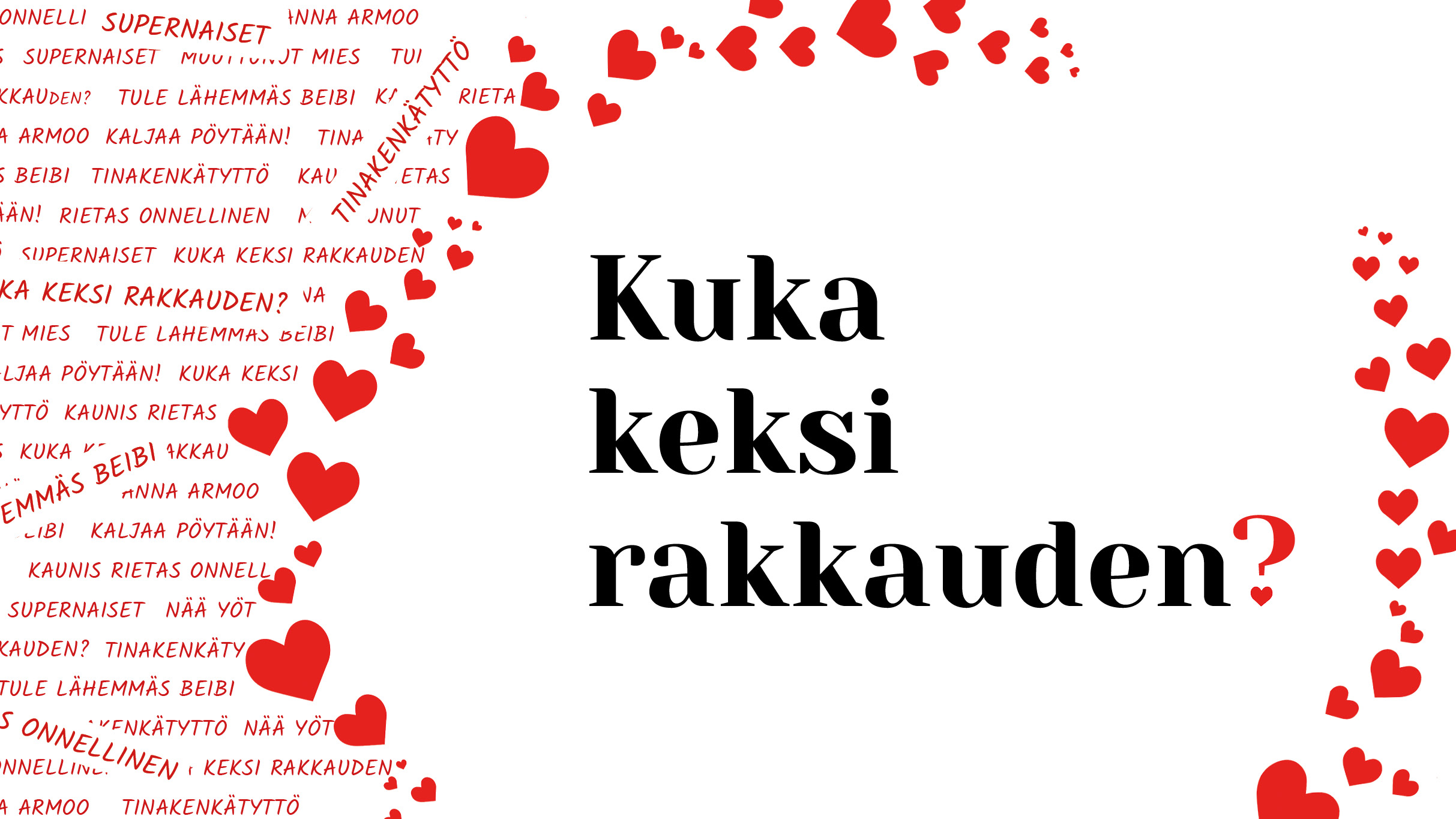 Kuka keksi rakkauden -musikaalin pääkuva, jossa punaisia sydämiä ja Kaija Koon biisien nimiä.