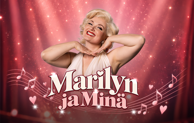 Marilyn ja Minä produktion ilme, kuvassa Hanna Kaskela hymyilevänä Marilyn Monroen roolissa, taustalla vaaleanpunaista kuvitusta.